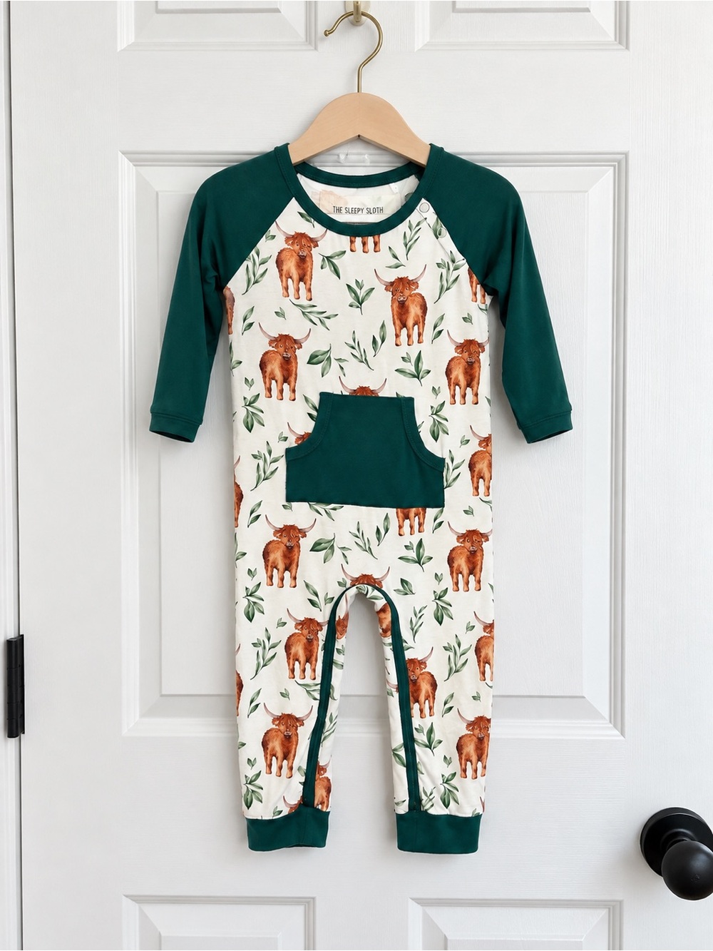 The Sleepy Sloth Highland Cow Bamboo Romper 12-18M Green Pocket One Piece
